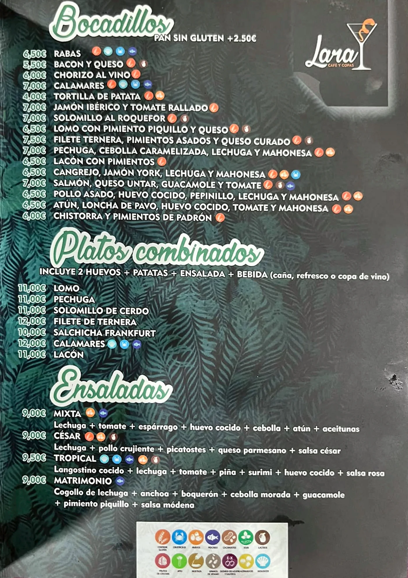 Carta: bocadillos, platos combinados y ensaladas
