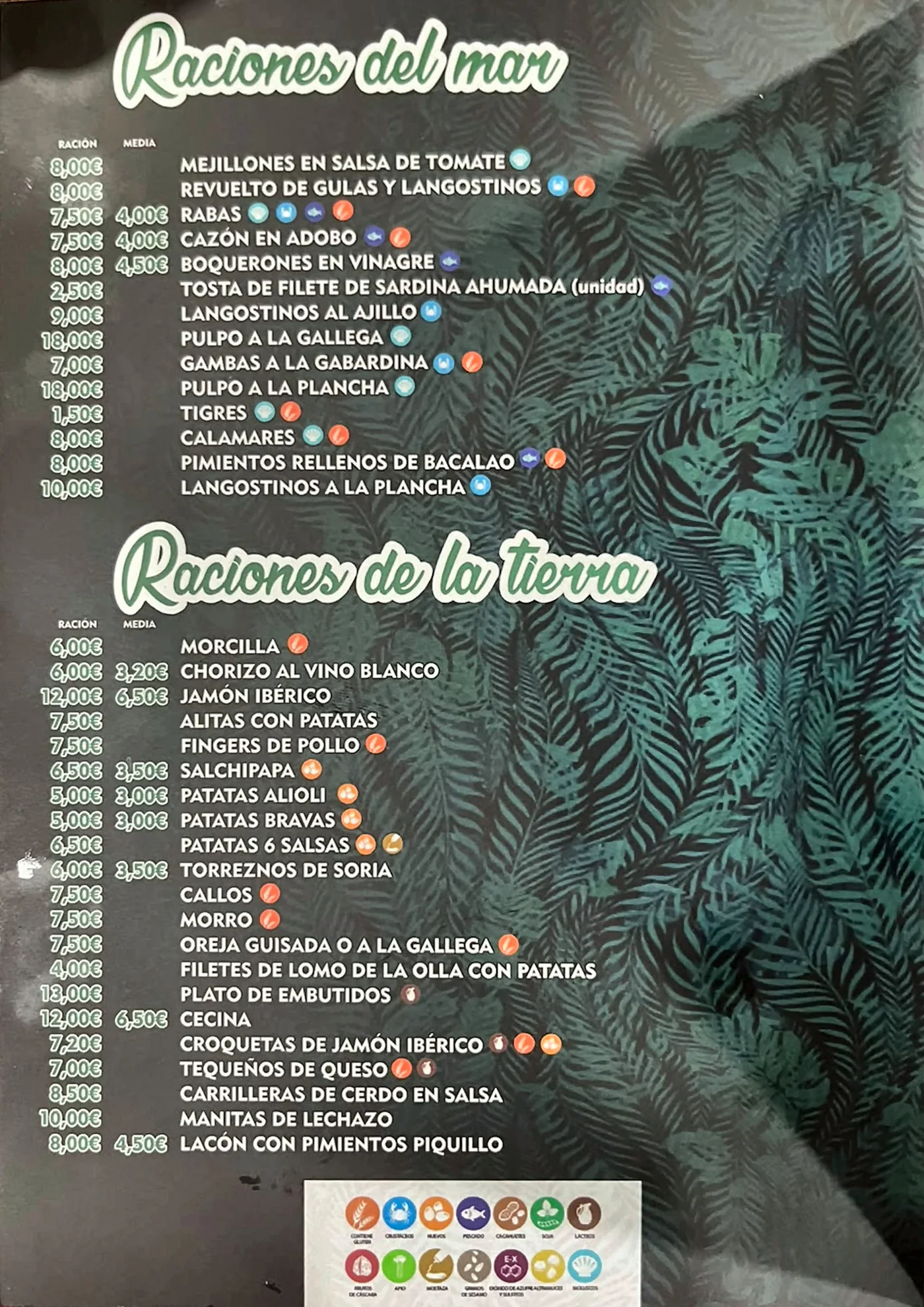 Carta: raciones del mar y de la tierra