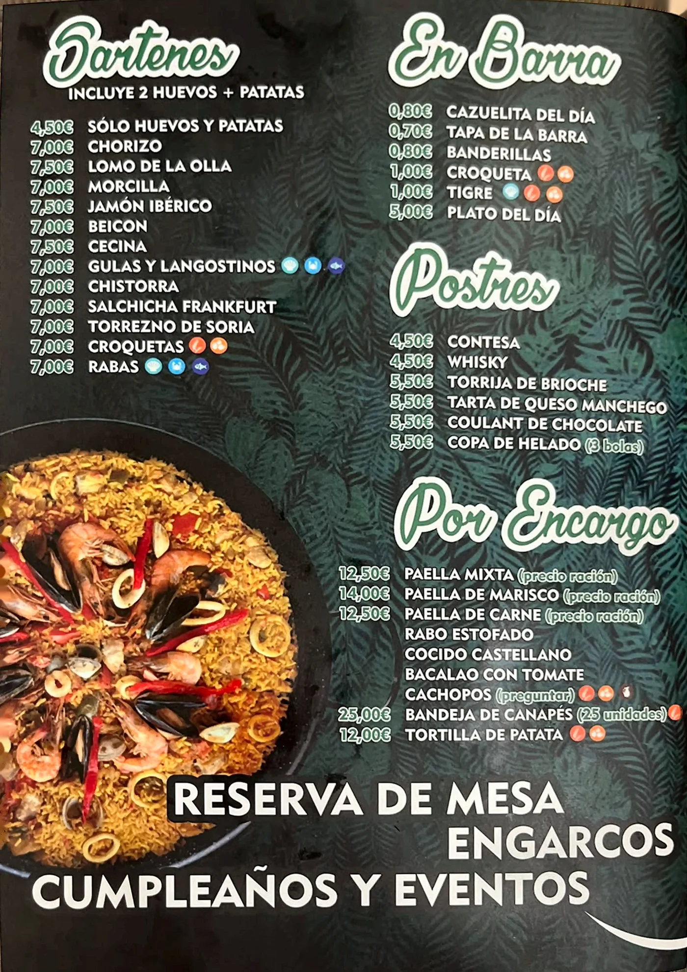 Carta: sartenes, barra, postres y encargos